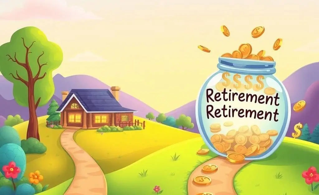 Cartoon paths diverging: one leading to a house and the other to a savings jar labeled 'Retirement'.
