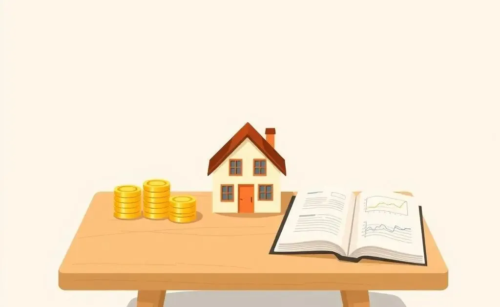 Table with financial decision items such as coins, house model, and notebook.