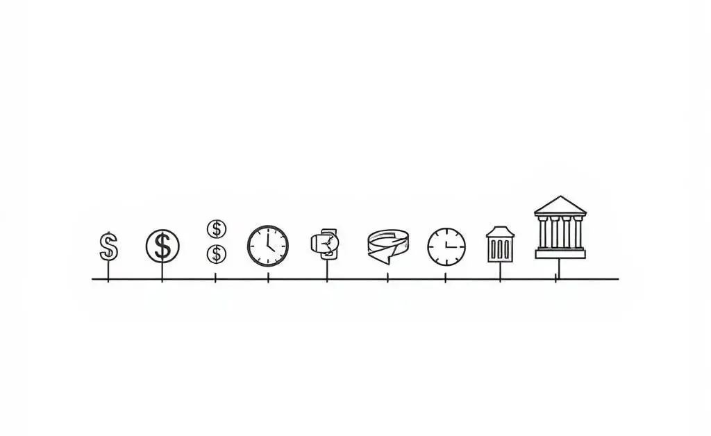 Timeline of financial symbols like dollar signs, clocks, and bank icons