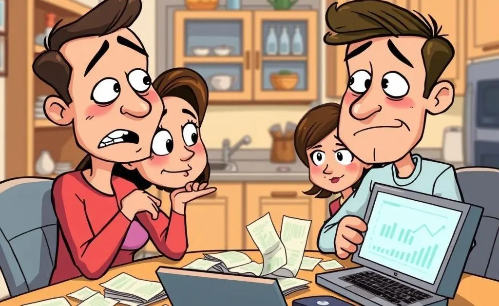 Cartoon of a couple with confused expressions while discussing finances, embodying a common communication challenge.