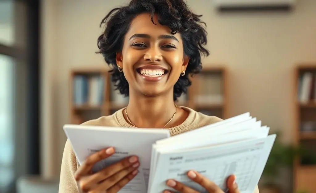 A relieved person holding financial documents, showing a smile of relief