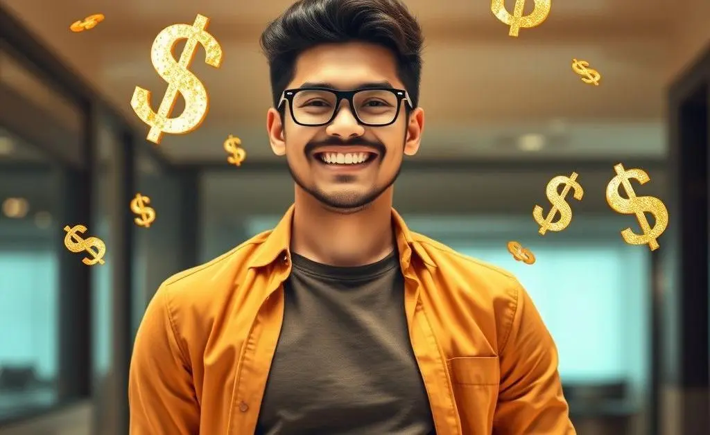 Person standing with a confident smile, with floating dollar signs and a piggy bank around them.