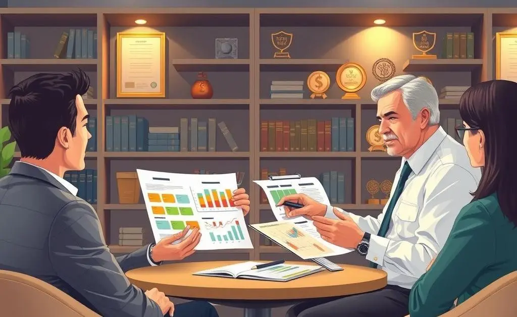 Illustration of a financial consultant explaining loan terms to clients.