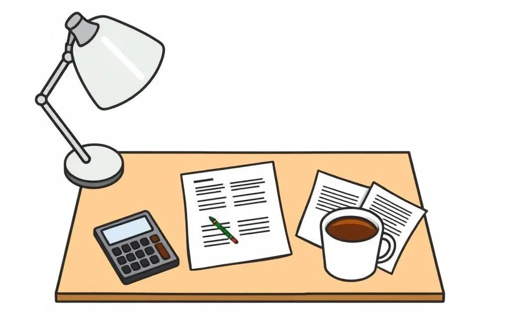 Financial desk with papers, calculator, and coffee cup.