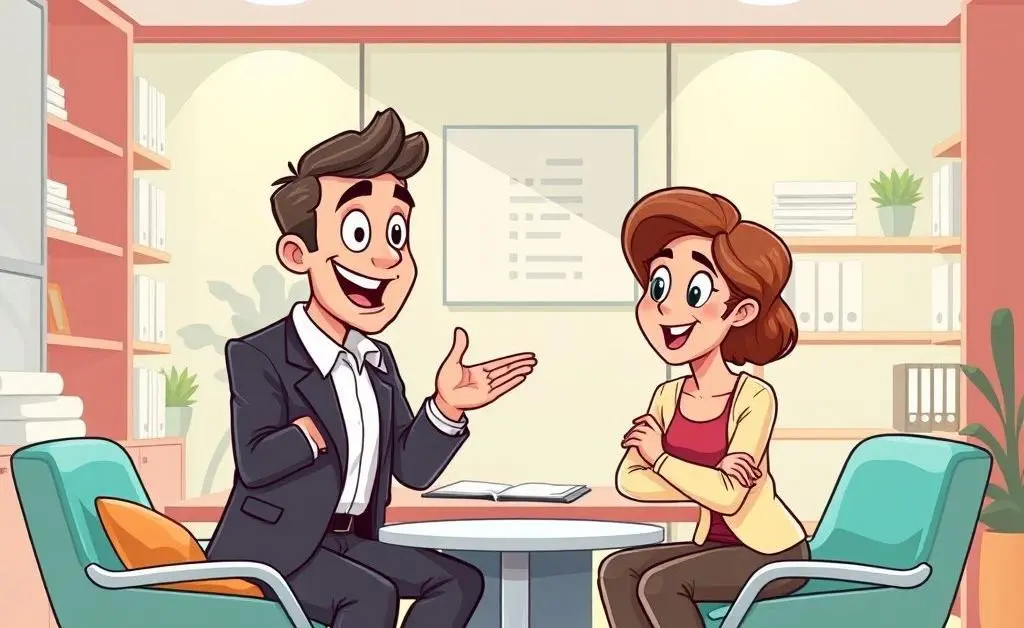 A cartoon-style image of two people in friendly discussion at a financial consultant's office.