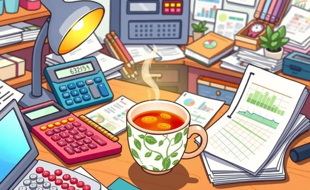 A cartoon-style workspace with budgeting tools and a cup of tea.
