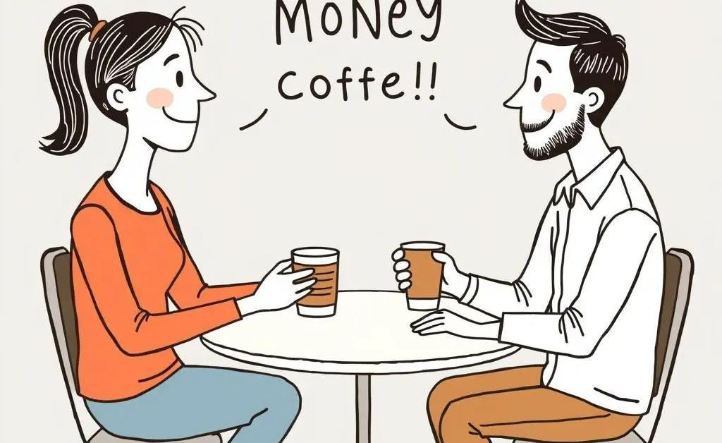Two people discussing finances over coffee