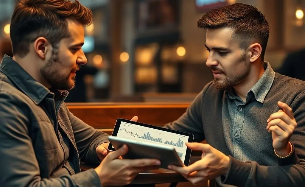 Two friends having a conversation about finances over coffee.