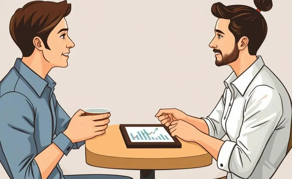 Two friends discussing finances over coffee, with a digital tablet showing graphs