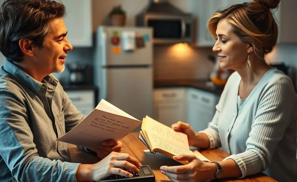 Two friends having a heart-to-heart conversation over a kitchen table, discussing finances with a notebook and a calculator.