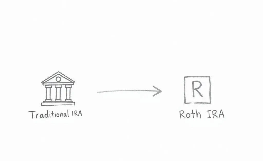 A simple, hand-drawn style chart showing the process of converting Traditional IRA to Roth IRA