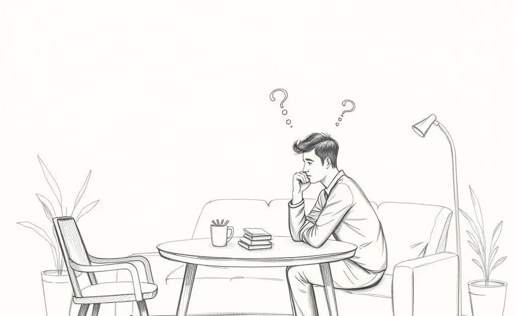 A person at a coffee table pondering financial decisions