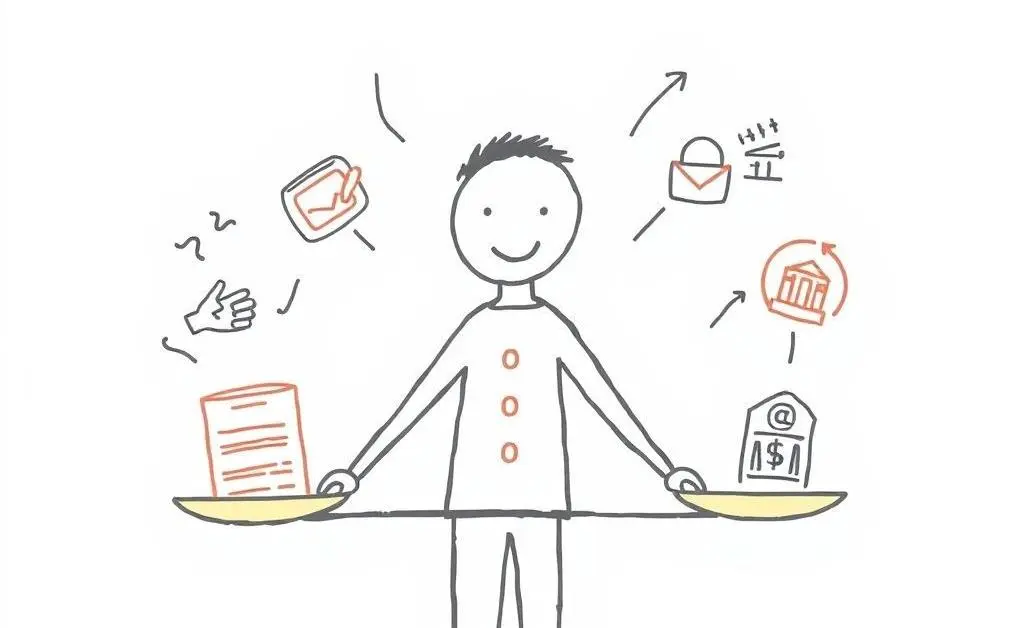 A hand-drawn image of a person weighing options with various symbols representing financial decisions