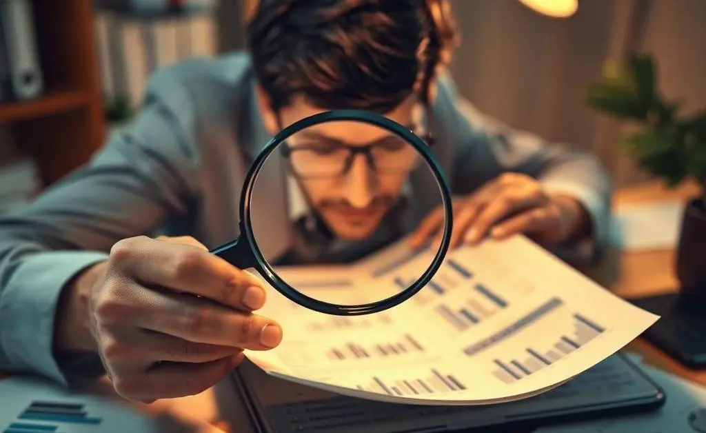 A person holding a magnifying glass over a financial document