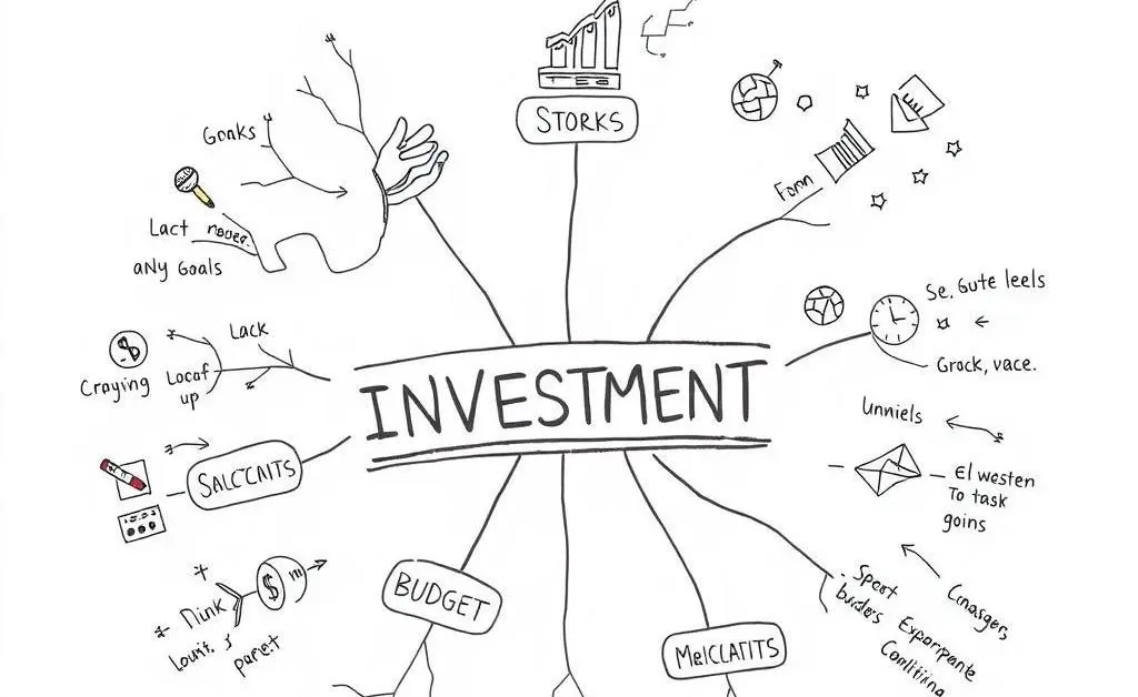 Hand-drawn art of a mind map with investment-related themes like stocks, budget, and goals.