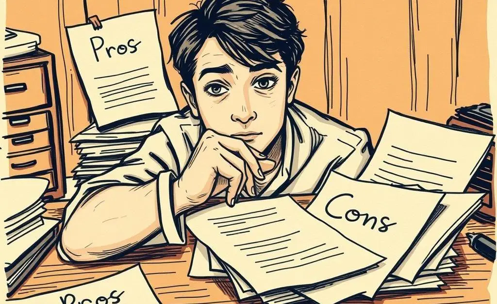 Desk with pros and cons list for career decisions