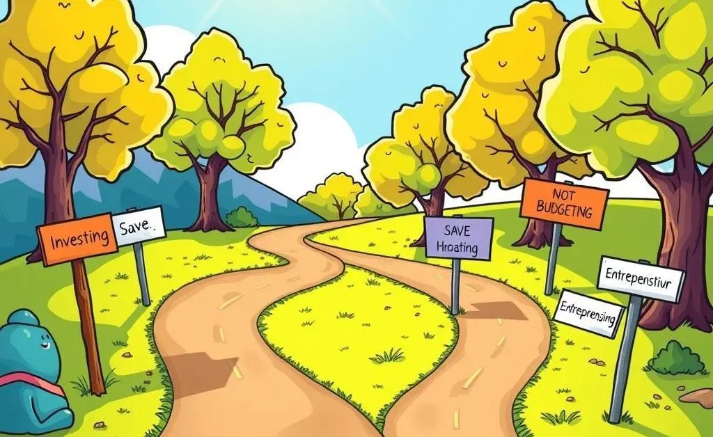 A fork in the road with paths labeled with financial strategies