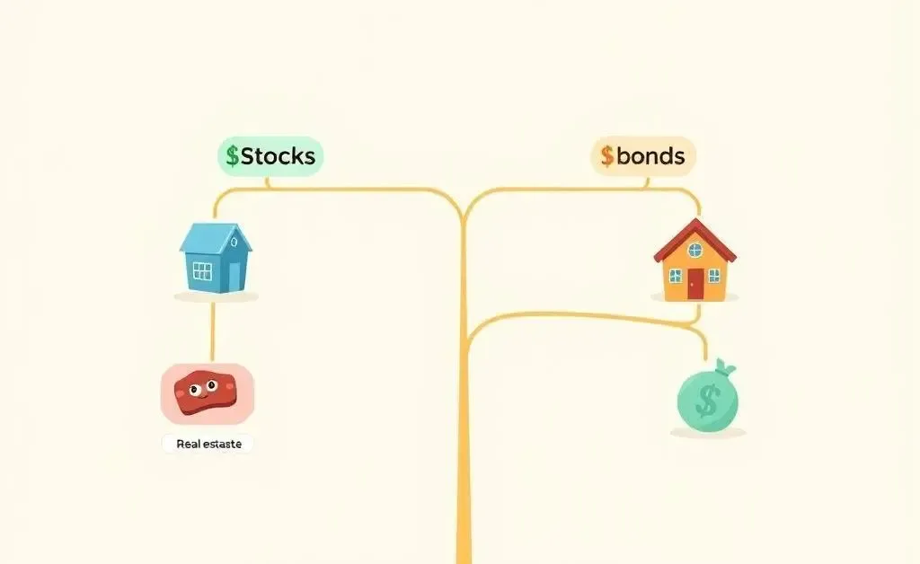 A simple cartoon-style financial decision tree illustrating different investment paths