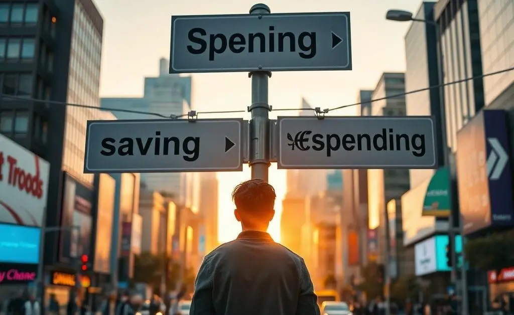 Person standing at a crossroads with signs pointing to 'saving' and 'spending' options.