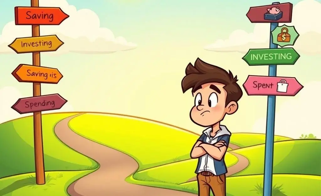 A person deciding between different financial paths at a crossroads