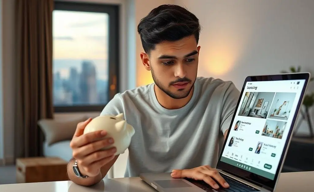 Person holding a piggy bank while looking at housing options