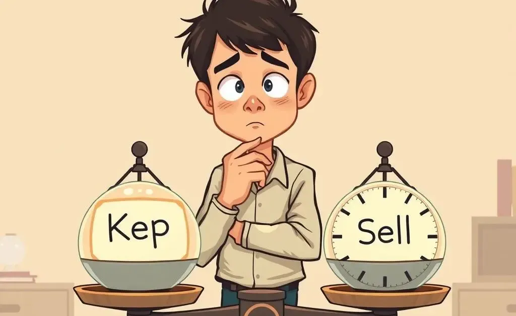 Person weighing options on a balance scale labeled Keep vs. Sell
