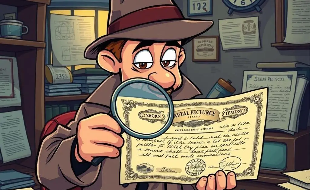 Cartoon-style detective examining a stock certificate with a magnifying glass.