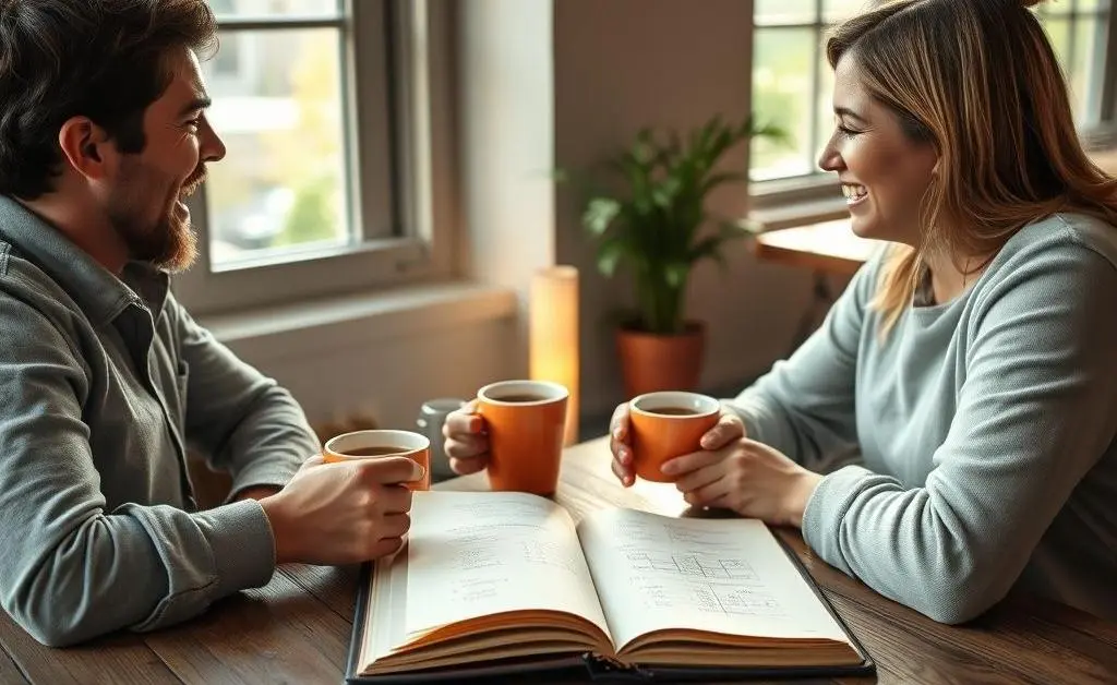 Two friends having a coffee and discussing financial plans with a notebook open on the table.