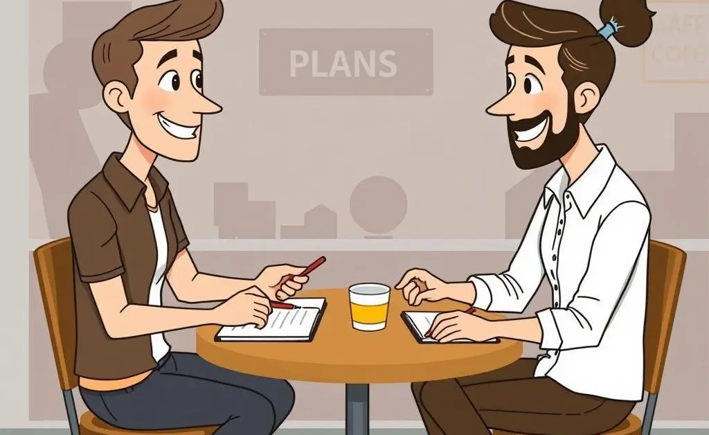Two people discussing financial plans at a cafe
