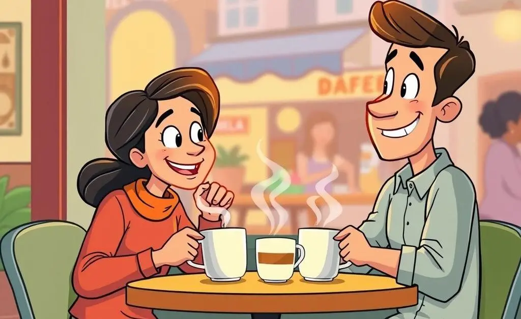 Friends discussing finances over coffee.