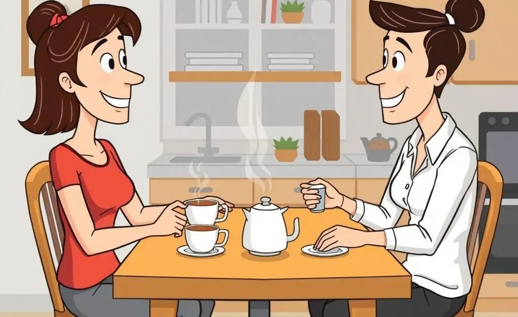 Cartoon of two friends having a discussion over tea