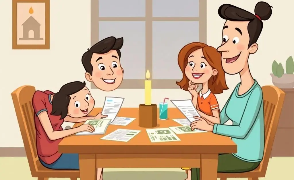 A family sitting at a dining table with financial documents.