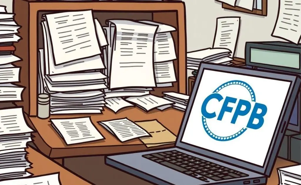Cluttered desk with financial documents and a laptop showing the CFPB logo.