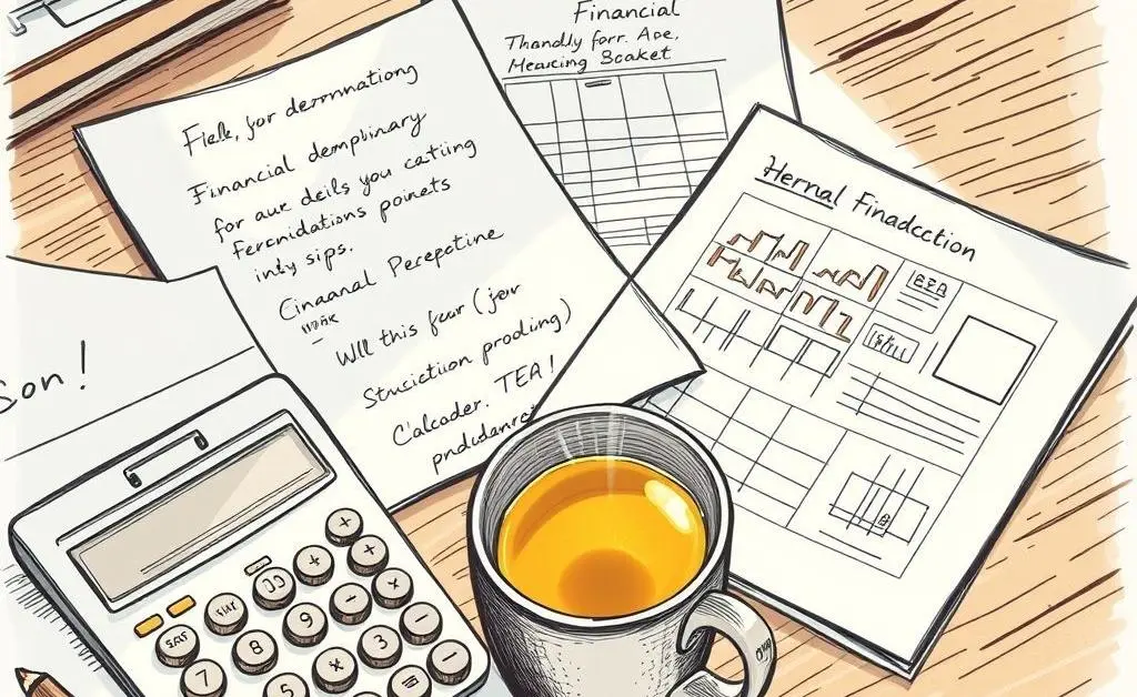 Financial documents, a calculator, and a mug of tea on a desk.