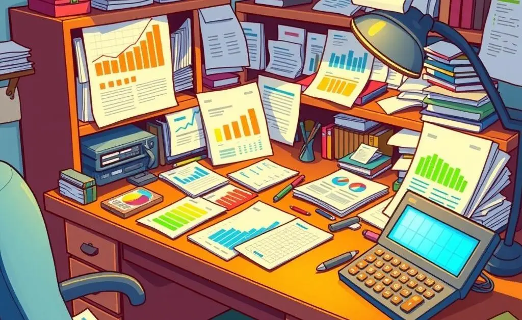 A cartoon-style image of financial documents and a calculator on a desk.