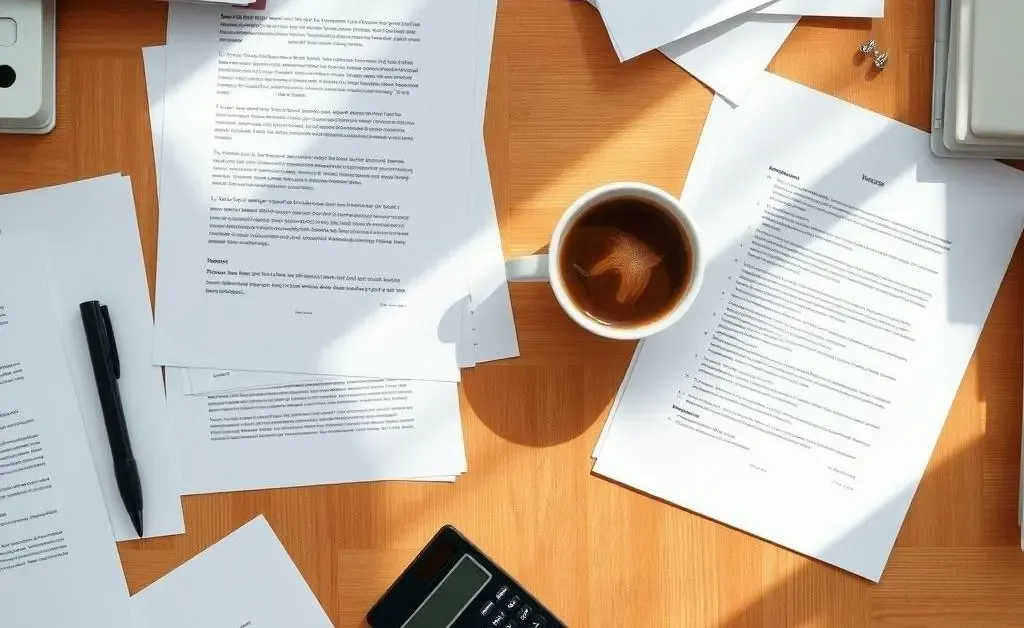 A desk with organized documents and a calculator