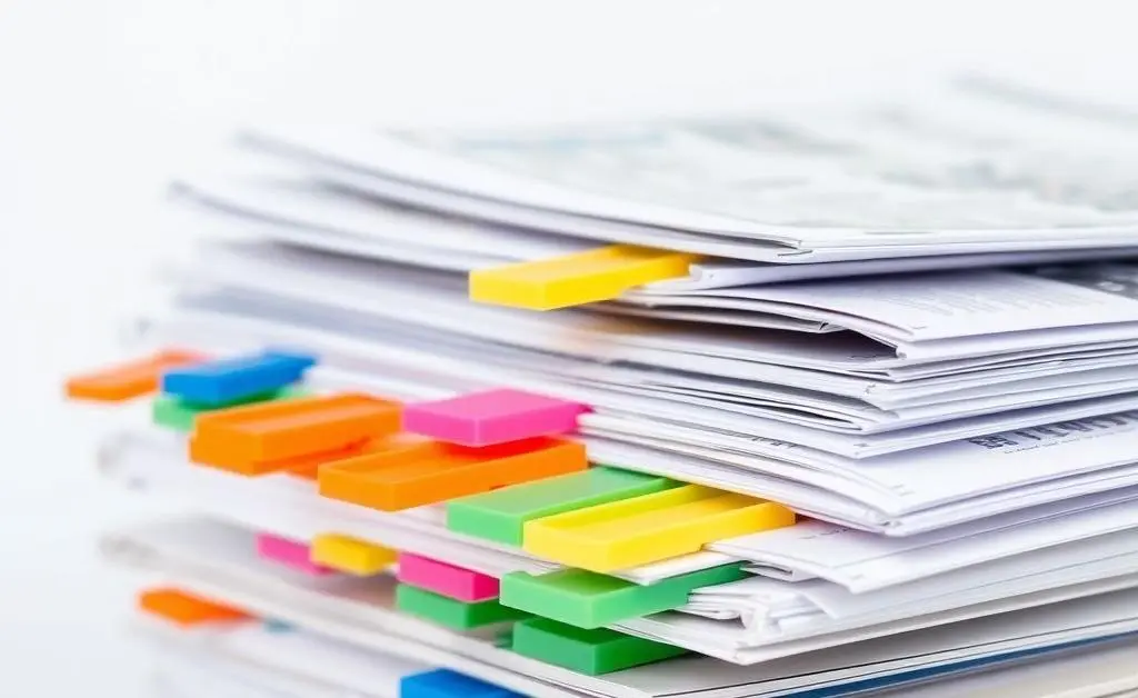 A stack of organized financial documents with colorful tabs sticking out.