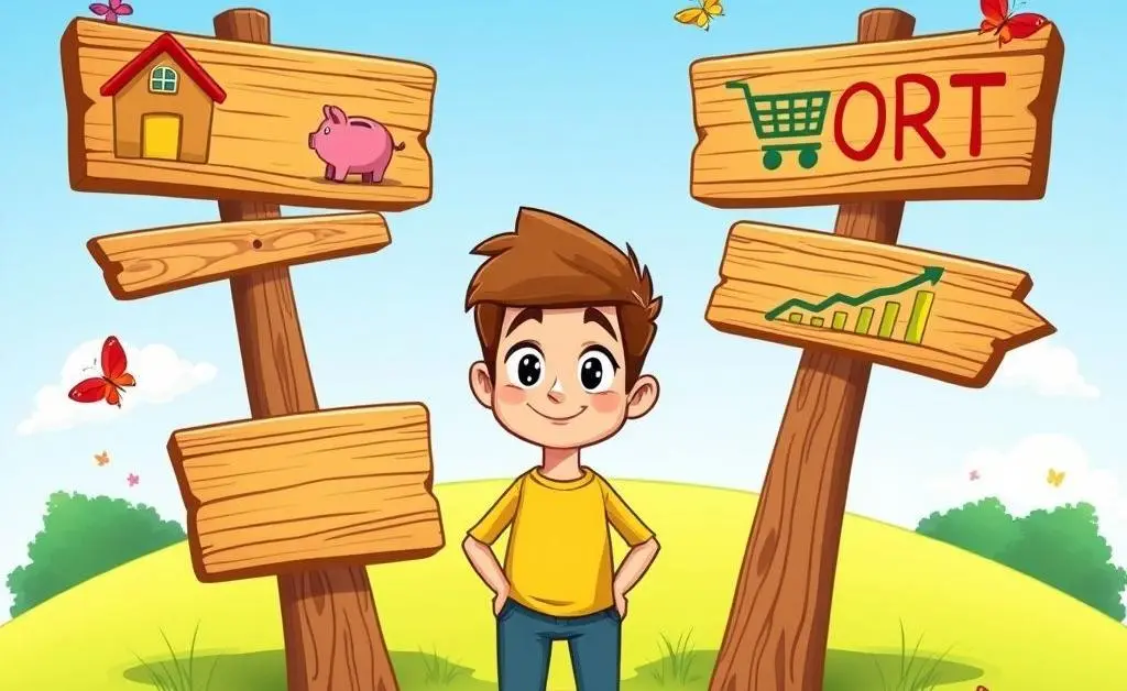 A person facing a fork in the road with various financial goals on the signs.