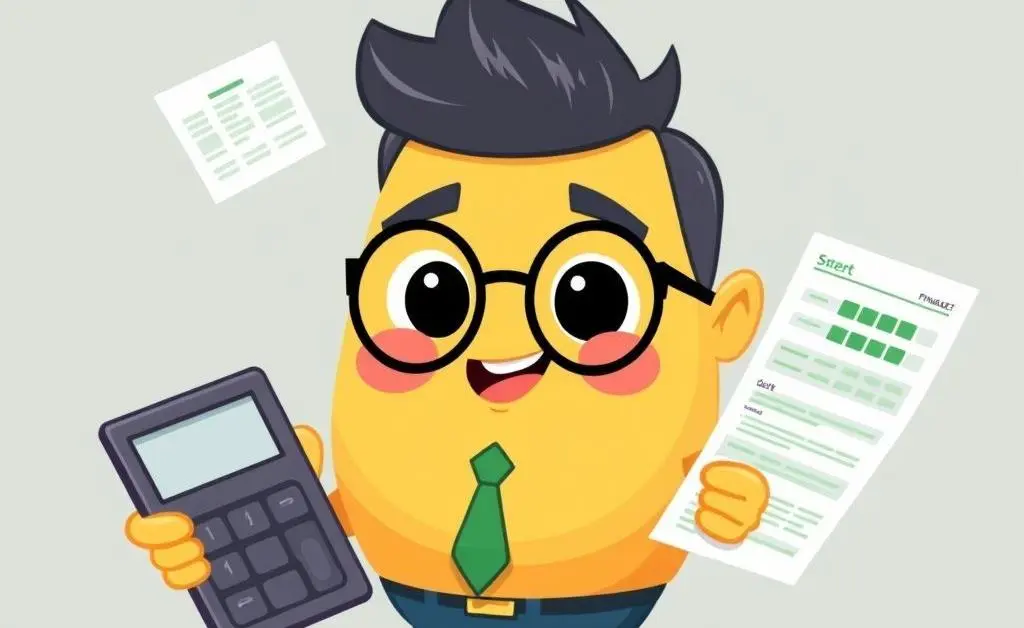A cartoon character with a calculator and spreadsheets evaluating finances