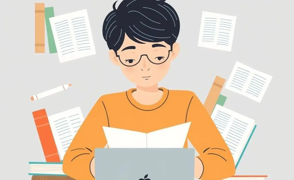 An illustration of a person studying for an exam, surrounded by books and a laptop.