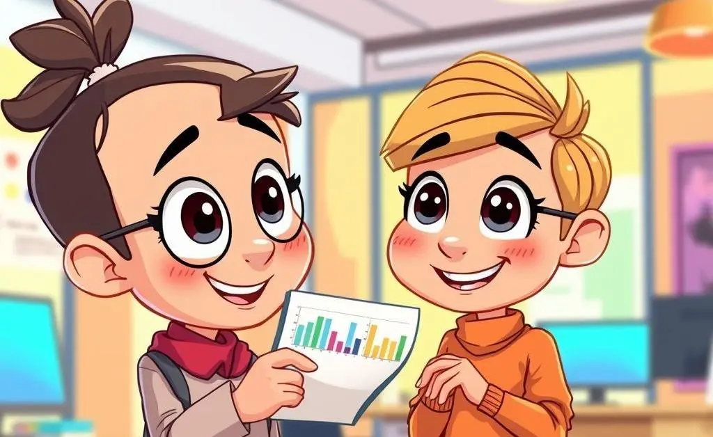 Two people having a conversation, one with a notepad and graphs
