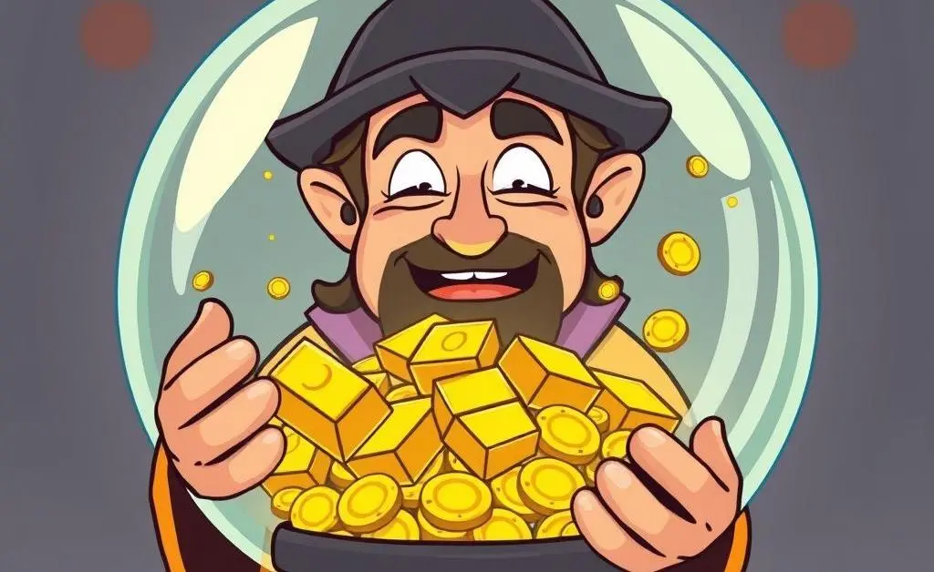 A fortune teller with a crystal ball full of gold