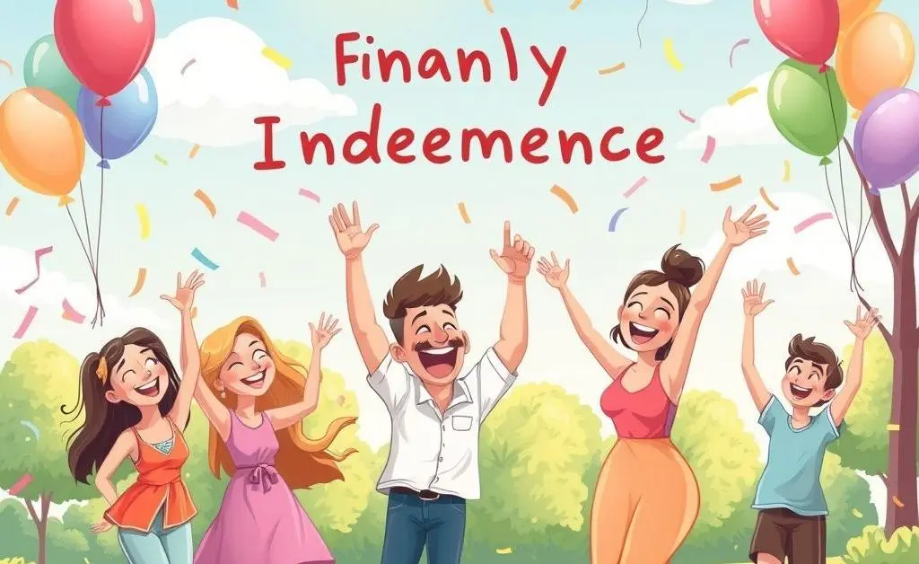 A cartoon celebration of achieving financial freedom, with people feeling joyous and relaxed.