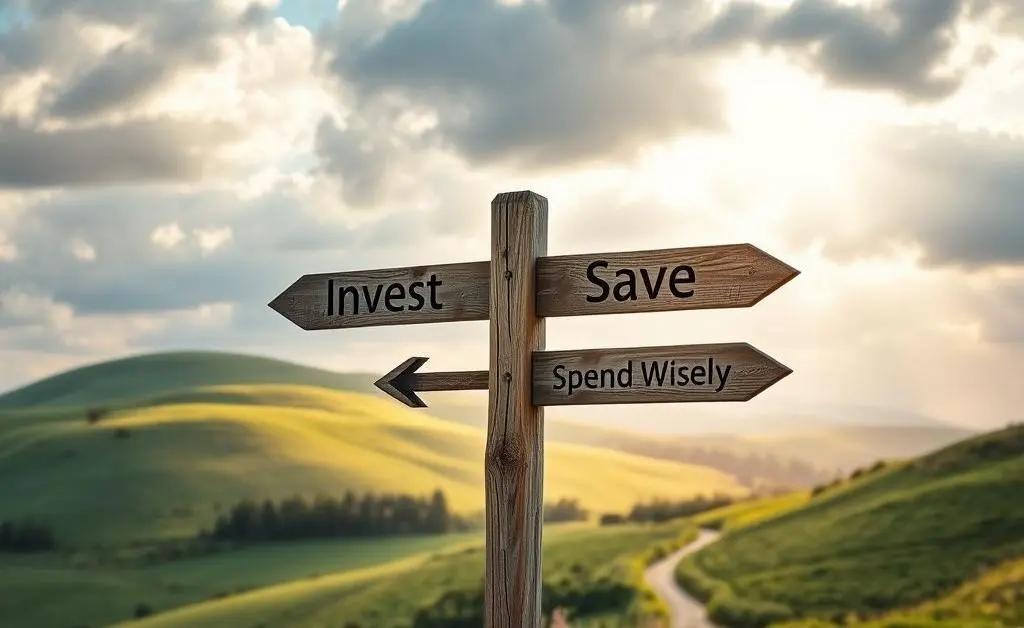 A crossroads signpost in a scenic landscape, with arrows pointing to paths like 'Invest', 'Save', and 'Spend Wisely'.