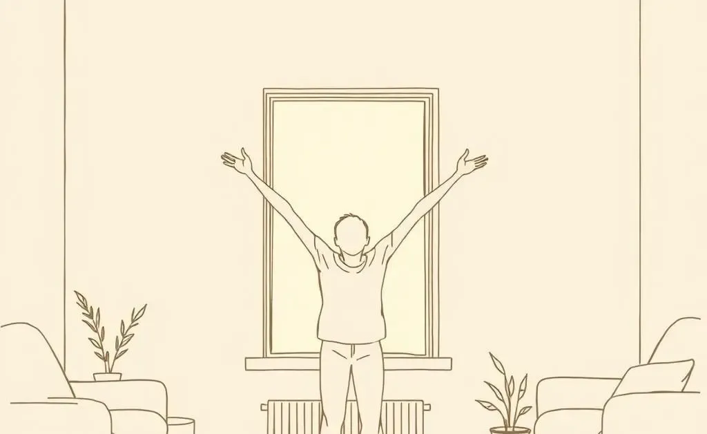 A person feeling free and relaxed, standing in a sunbeam in a cozy room