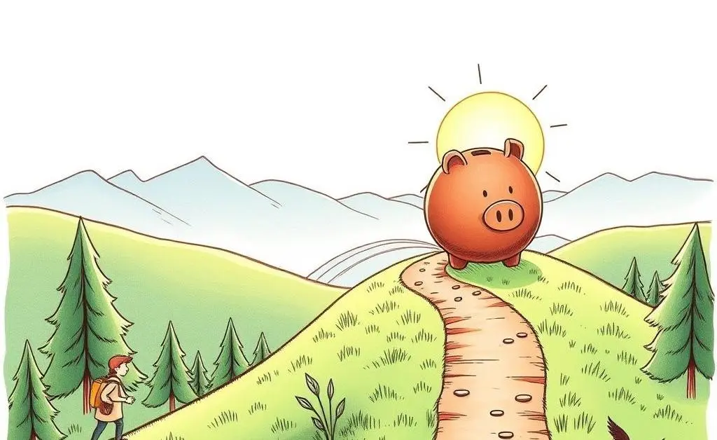 Illustration of a journey to financial freedom with symbolic icons like a piggy bank and a path