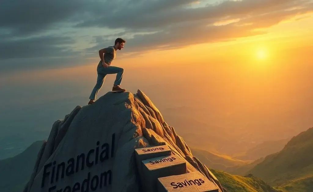 A person climbing a mountain labeled 'Financial Freedom' with stepping stones marked 'Savings', 'Investments', and 'Wisdom'.