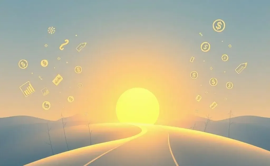 Path leading through financial symbols toward a bright horizon