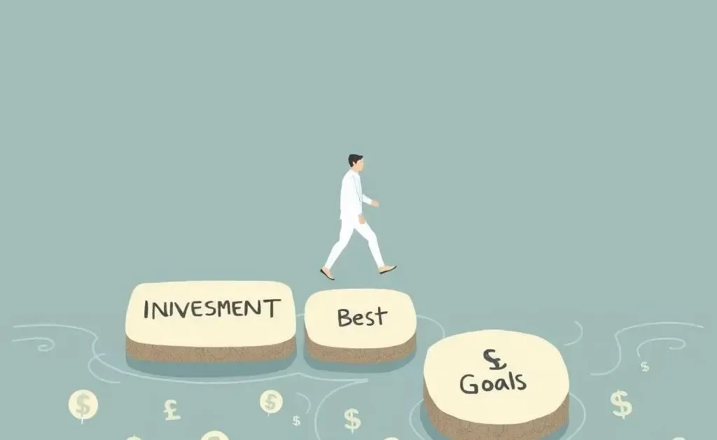 Minimalist art of a person walking across stepping stones labeled with investment goals, over a river of currency symbols.