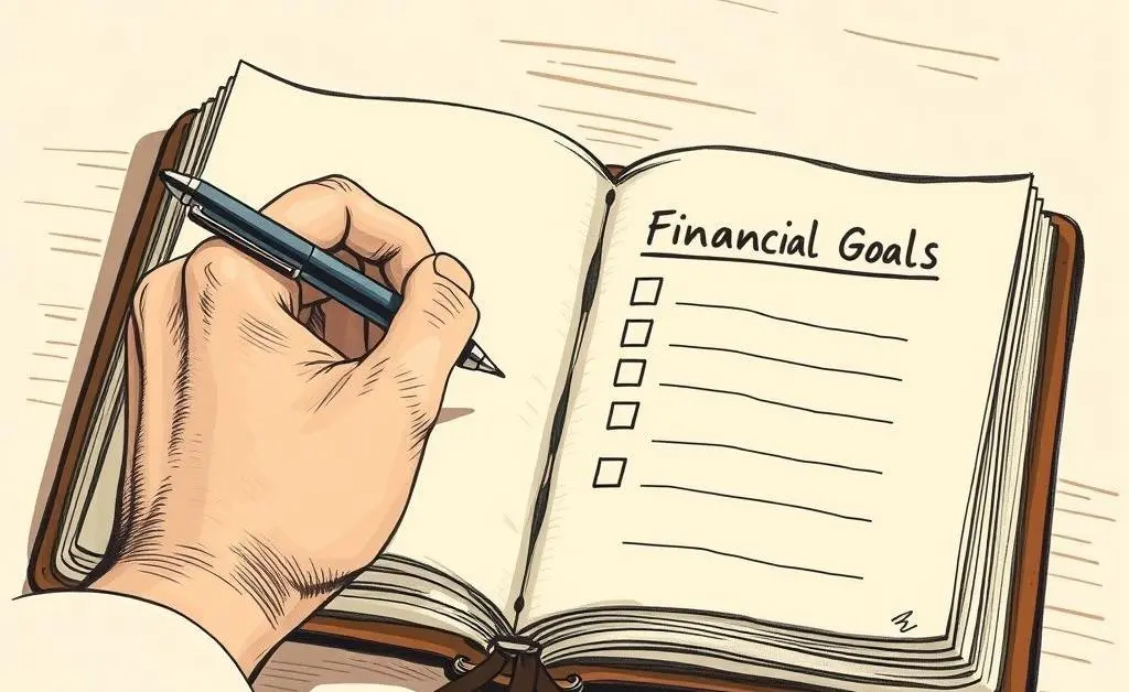 Someone writing in a journal titled 'Financial Goals' with motivational quotes around.